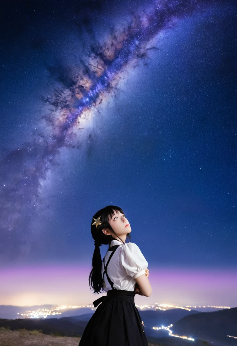 girl, Located in the corner, looking at the Sky, Solitary, Mona (Genshin Impact), Necklace, Hair between the eyes, Star (Symbolism), Long hair, Dark purple hair, Double tail, blue eyes, Shining eyes, Jewelry, witch, maid, Bangs, Purple black dress, Purple skirt, White apron, landscape, night Sky, Star (Sky), Starry Sky, night, outdoor, cloud, reflection, water, magic, Tarot, water magic, ((beautiful golden crystal Star)),  space, water droplets, splash