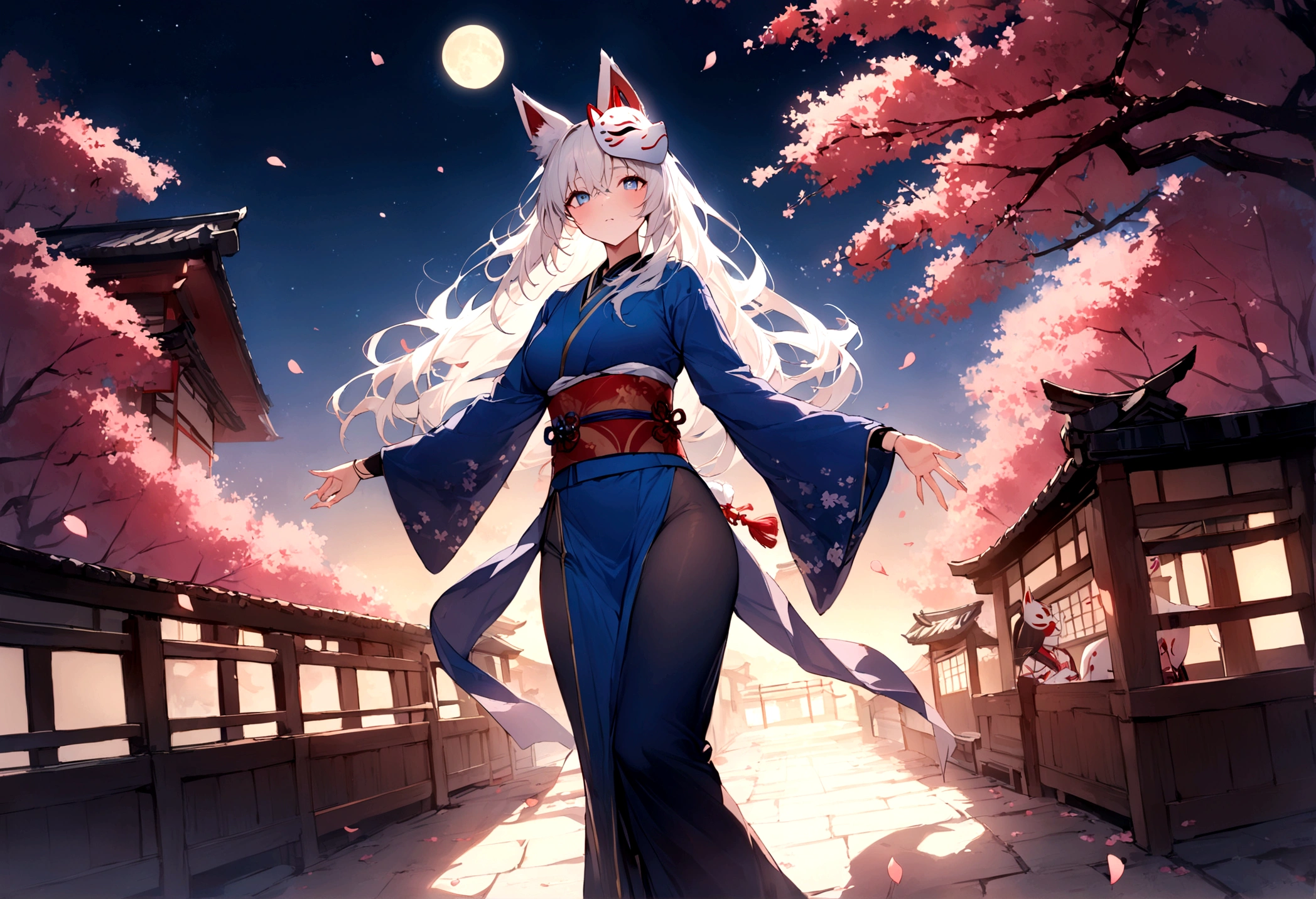 god社から見るAsahi、Asahi、god々しいgod社、山の中のgod社、Asahiが差し込む(masterpiece, best quality:1.2), 1girl, 独奏,Wolf girl, fox mask, ninja, girl, long white hair, odd eyes, blue kimono, ninja girl, red and blue scarf,Dancing Cherry Blossoms,Full moon backlighting, light coming in, fantastic atmosphere.night、Shadows of light and darkness、Eyes glowing in the dark、Black fox mask、Fisheye Lens、Expansive starry sky、long hair that spreads、Looking up from afar、Overlooking the city from atop a large cherry tree、(masterpiece, best quality:1.2), 1girl, 独奏,Wolf girl, fox mask, ninja, girl, long white hair, odd eyes, blue kimono, ninja girl, red and blue scarf,Dancing Cherry Blossoms,Full moon backlighting, light coming in, fantastic atmosphere.night、Shadows of light and darkness、Eyes glowing in the dark、Black fox mask、Fisheye Lens、Expansive starry sky、long hair that spreads、Looking up from afar、Overlooking the city from atop a large cherry tree、