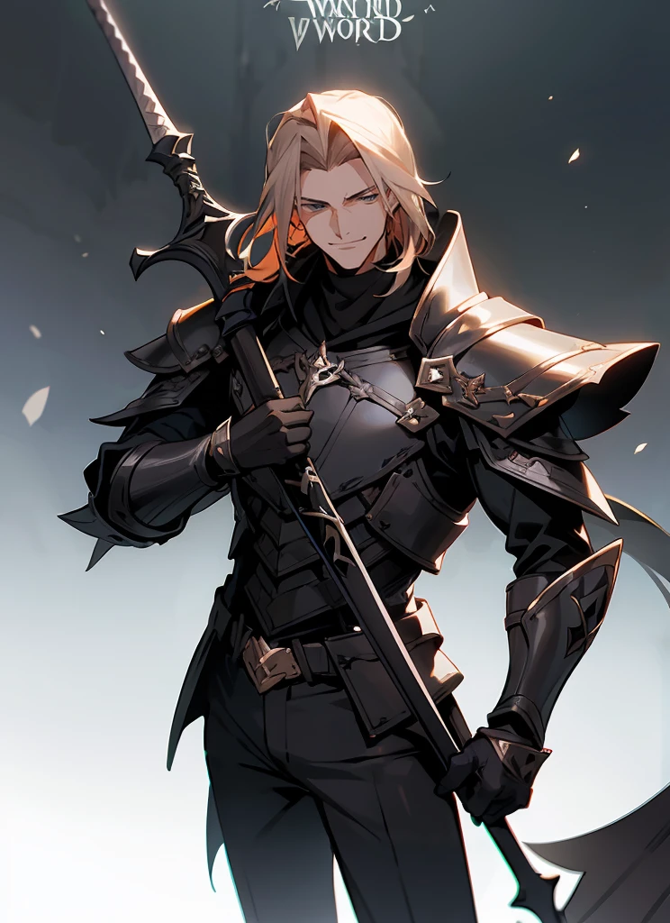 1 , handsome fashion hair,bronze hair highlightwhite, fanstasy, smile face, male ,fantasy, reaper, hunter with blackshortsword, villian face, black armor , darkness wolrd, bad