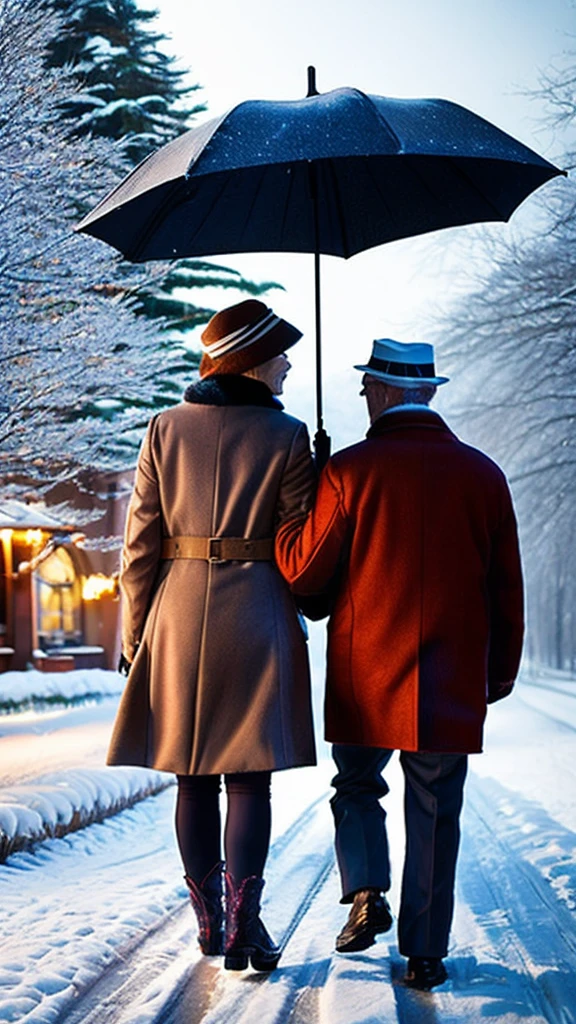a elderly couple walking home under shared umbrella in snowy winter, detailed faces, warm lighting, cinematic composition, photorealistic, vibrant colors, dramatic moody lighting, intricate details, realistic textures, beautiful scenery, snowflakes, cold atmosphere, cozy mood, comfortable winter clothing, detailed facial features, holding hands, expressions of contentment, peaceful atmosphere, beautiful winter landscape, snow-covered trees, warm lighting, cinematic framing