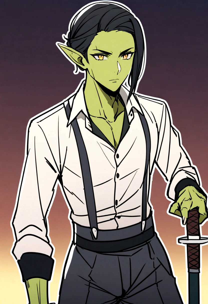 Create an RPG character with the following characteristics Elf Race;
male;
greenskin;
Bblack hair;
no hair on the face;
Appearance: black and white clothes, leather and fabric, simple and light, warrior style with katana