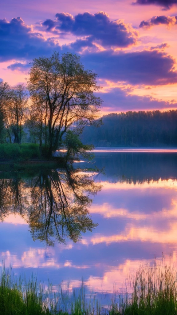 Wallpaper, summer, lake, dawn, Forest behind the lake, detailed Les, clouds, masterpiece, Cinematic, soft light, depth of field, ray tracing, Reflection in water, realism, Ulra expand,