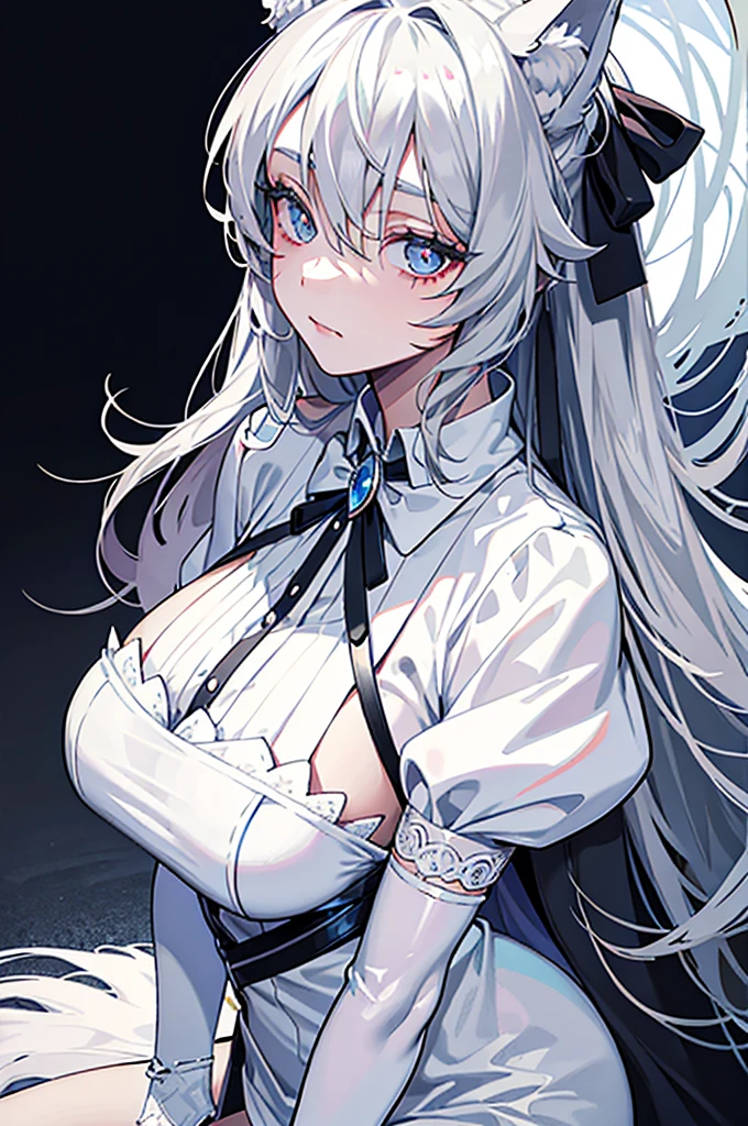 best qualtiy,tmasterpiece,The is very detailed,4K,Gray hair and shallow eyes,Drag cool expressions,Wolf ears,Erect scar on the left eye,British style,1girl,Absolutely beautiful, big bust, white costume, ear ribbon