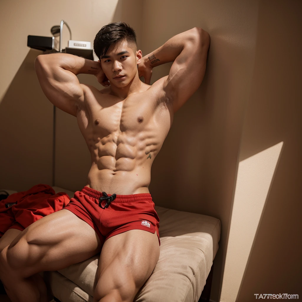 8K korean MALE 25 year old bodybuilder with arms fully tattoed IN 5 inch red shorts