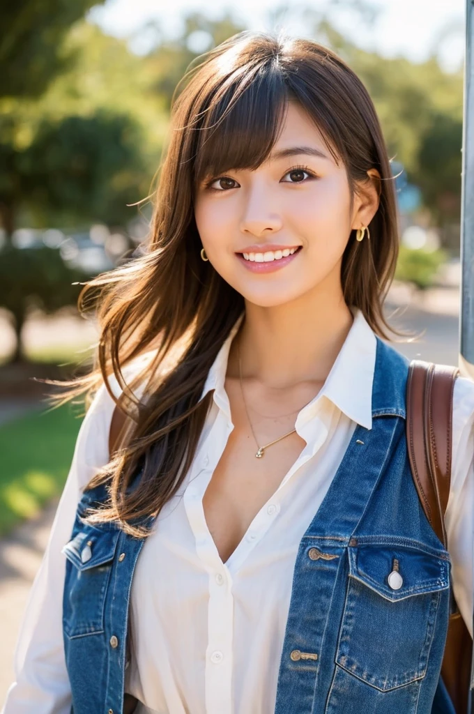 Backpacker woman wearing dirty clothes, rural western america, rental house, senior year, ((full body)), ((photo)), ((best qualtiy, 8K, tmasterpiece:1.3)), Focus:1.2, perfect figure beautiful girl:1.4, 1girl, cowboy shot, look at viewer, incredibly absurd, beautiful and cute girl with a photorealistic face, showcasing top-quality craftsmanship, A Japanese woman walking around town as a backpacker, 20 years old, very short brown hair, short bangs, longer hair on the sides, soft hair with a beautiful flow, clear facial features, large light brown eyes, double eyelids, long eyelashes, small nose, plump pink lips, white teeth, impressive smile, gentle eyes, fair and smooth skin, tall, glamorous, slender, 163cm tall, large G-cup breasts, simple and casual style, fashion that emphasizes her chest, earrings, necklace, favorite camera, cheerful and energetic older sister, beautiful girl, pretty, leader, curious, proactive, positive, sticks to her beliefs, sociable, honest, good at encouraging others, polite, walks with a spring in her step, September