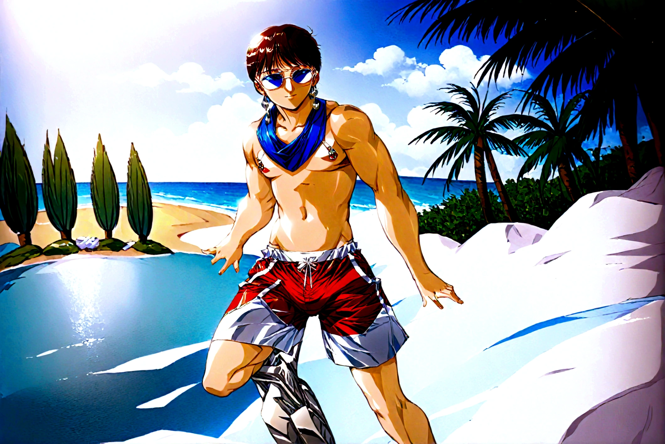 1garoto, white sunglasses with blue lenses, dark brown hair with curtain bangs, skin tanned, six pack abs, red shorts, beachfront, silver clip earring, ssmile, high qualiy, boku no hero style