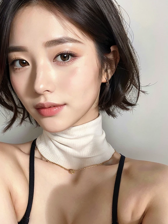 (masterpiece:1.3), (8K, Photorealistic, Raw photo, Best image quality: 1.4)、Face close-up、Portraiture、 Japanese, (One Girl),Sex workers、 Beautiful Face, (A vivid face), (Black-haired, short hair:1.3), Beautiful hairstyle, Realistic eyes, Beautiful Eyes, (Realistic Skin), Beautiful Skin, attractive, Ultra-high resolution, Surreal, High definition, Golden Ratio, Detail Makeup,Seeing the viewer,Laughter,Lower Breast、White turtleneck sexy underwear、Cleavage