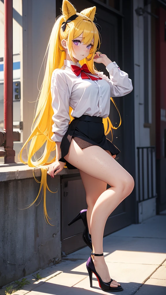 WindyUpskirt, blonde, long pigtail, high stockings, from back