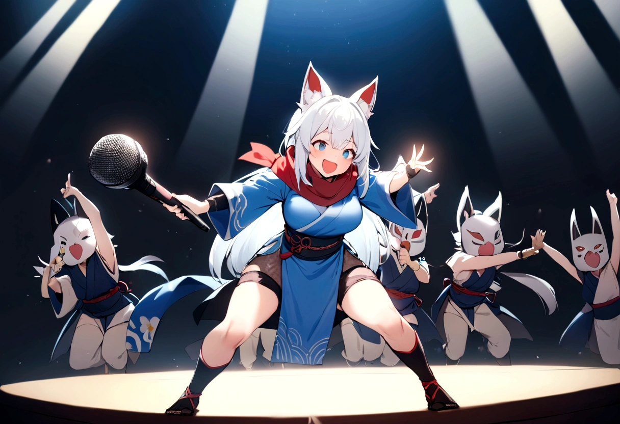 smile、Wink、microphoneを持って叫ぶ、Enthusiastic singing、Visible valley、Shout with your mouth wide open、Sing a song、microphone、(masterpiece, best quality:1.2), 1girl, 独奏,Wolf girl, fox mask, ninja, girl, long white hair, odd eyes, blue kimono, ninja girl, red and blue scarf, fantastic atmosphere.night、Singing on stage、microphoneを持って叫ぶ、、Aside exposure、Black fox mask、Shining Spotlight