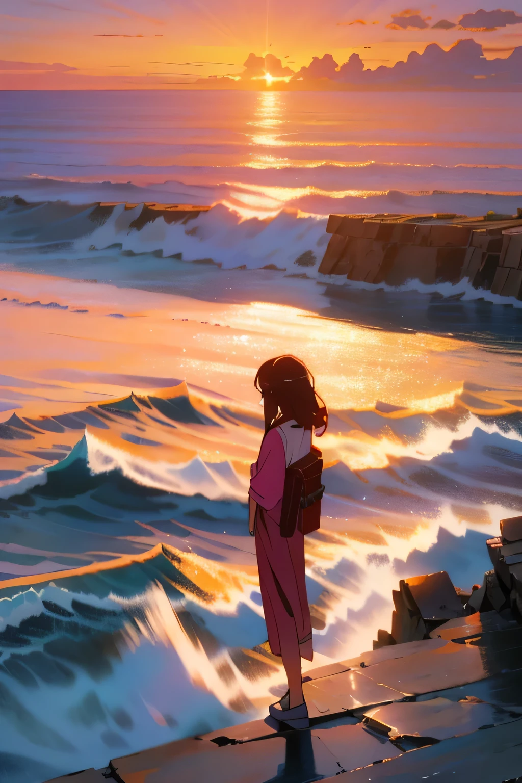 Ocean sunset：Women stand on cliffs overlooking the vast shining blue ocean。The setting sun dyes the sky orange and pink，A warm and serene light spilled on her face。She embraced this beautiful moment, photo taken from behind the women 