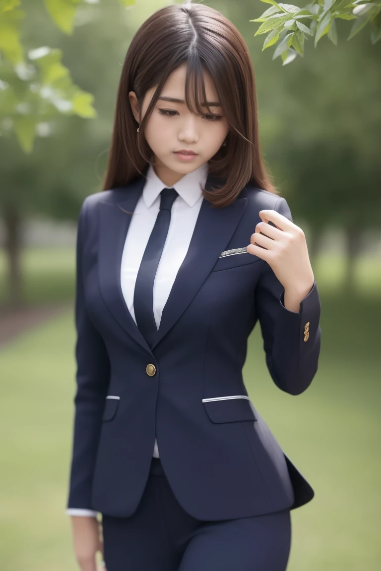 best quality,masterpiece,photorealistic,extremely detailed CG unity 8k wallpaper,1girl,suit,upper body,looking at the viewer,outdoors,
