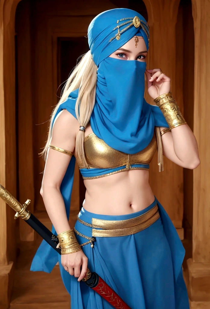 Lara Croft wearing a blue turban headdress，She&#39;s wearing a belly dancing skirt，Golden boots，。Long blond hair，blue eyes and red lips。 She holds a laser sword， A red veil covers her face