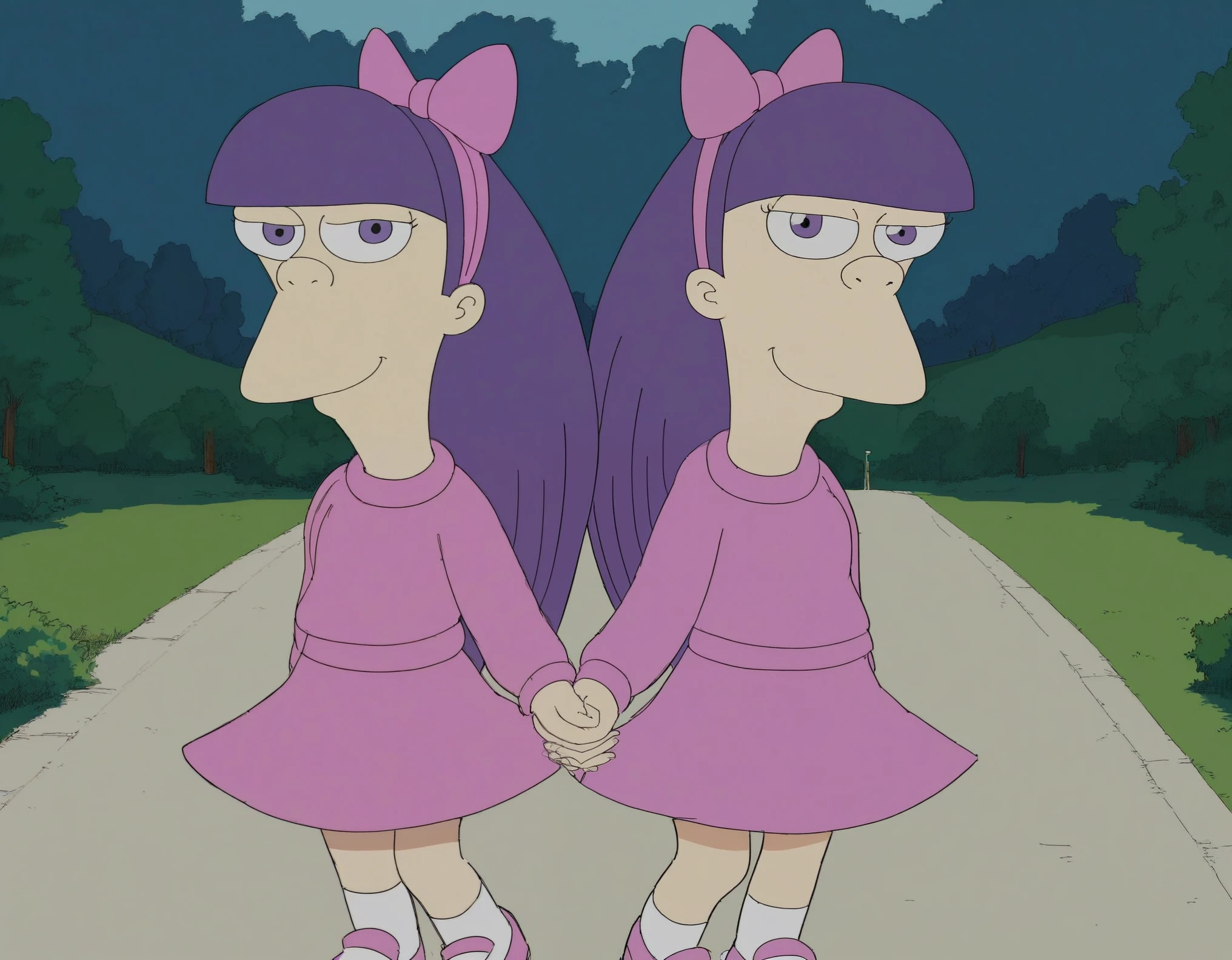 score_9, score_8, score_9, BREAK, sherri-terri, 2girls, twins, purple hair, hair bow, skirt, outdoors, smiling, holding hands, looking at viewer, natural lighting