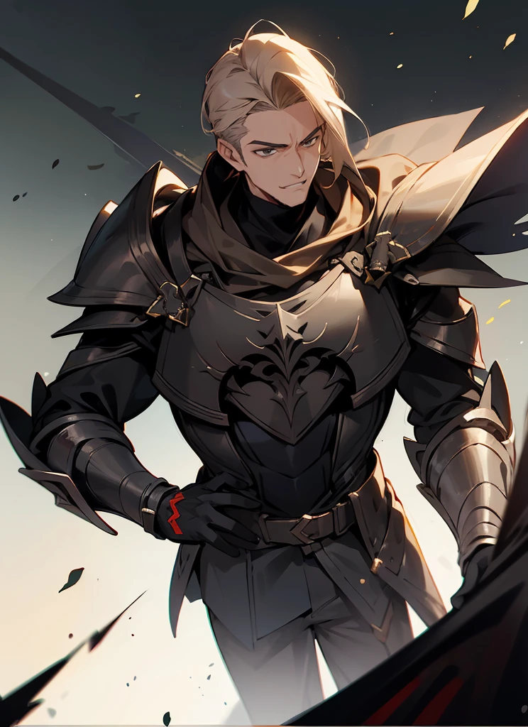 1 , handsome fashion hair,bronze hair highlightwhite, fanstasy, smile face, male ,fantasy, reaper, hunter with blackshortsword, villian face, black armor , darkness wolrd, bad