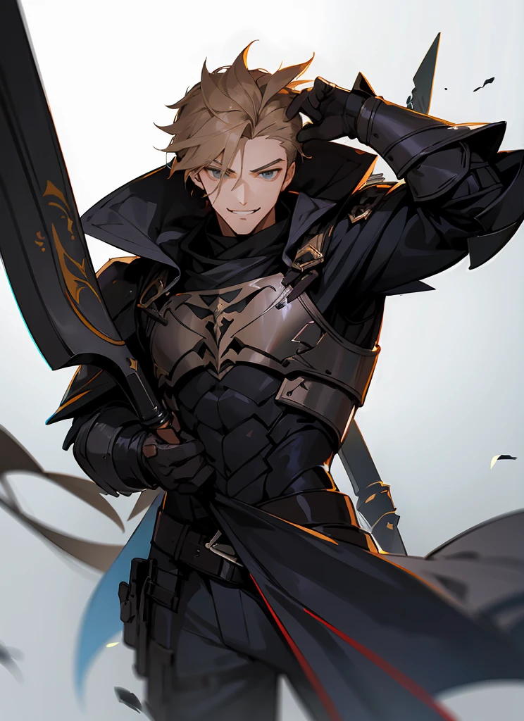 1 , handsome fashion hair,bronze hair highlightwhite, fanstasy, smile face, male ,fantasy, reaper, hunter with blackshortsword, villian face, black armor , darkness wolrd, bad