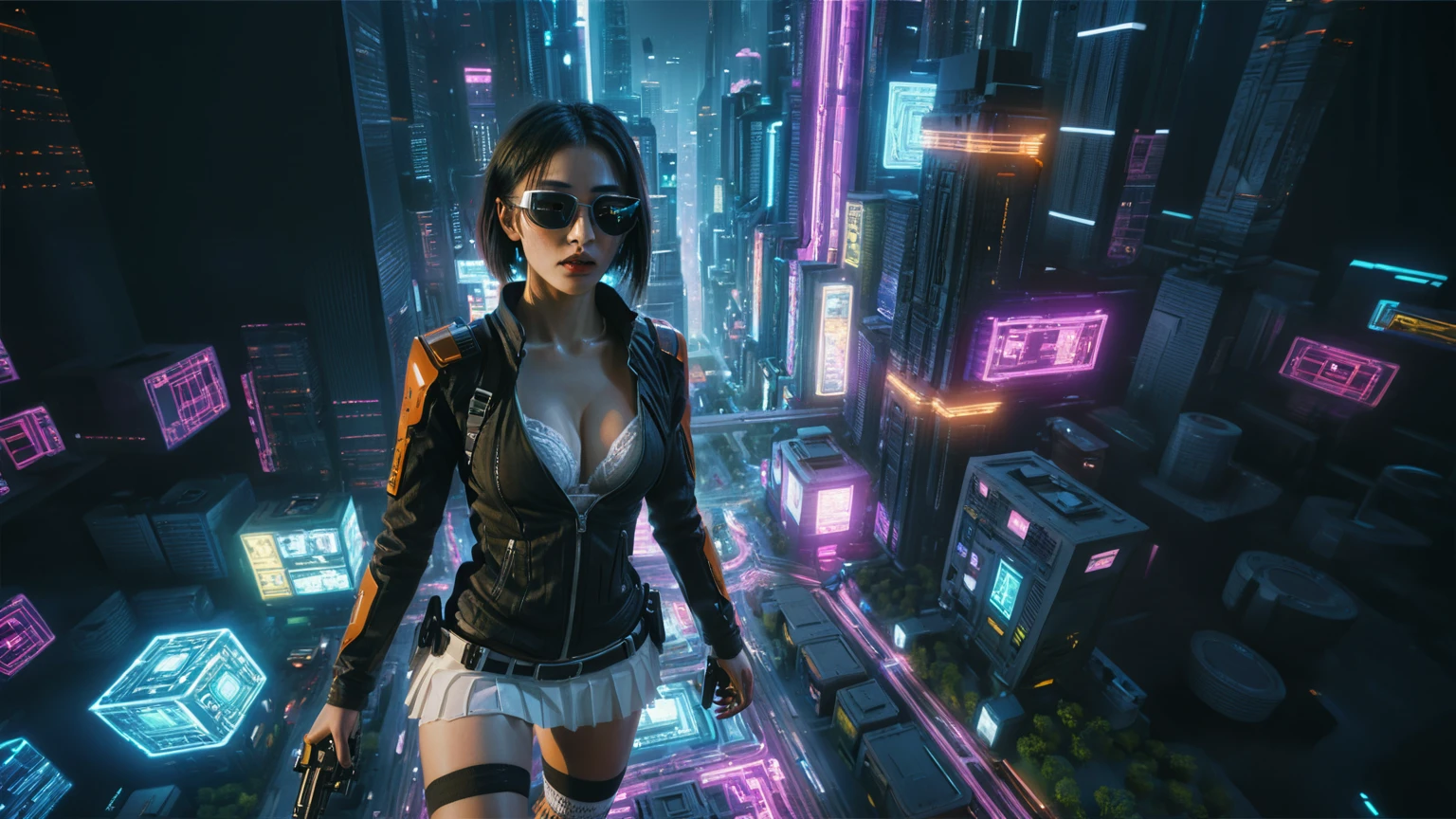 Cyberpunk female plagiarist immersed in digital theft, neon-lit alias within a vast online labyrinth, grotesque grunge brushing into surrealism, illuminated by kaleidoscopic volumetric light, a detailed masterpiece reminiscent of Moebius' distinctive style, deep focus, heightened depth field, psychedelic undertones amplified in a cinematic shot, (((((aerial view of cyberpunk city at night))))), (((((1girl, solo, alone))))), photo realistic, (((((large-breast:1.4 slim body, cleavage:1.4))))), (((off broken mini sling-shirt and black sling bra, (((extreamly short white pleated miniskirt, micro panty)))))), (((((running pose))))), (((((((matrix style black micro sunglasses))))))), ((((((((((aiming with a short gun)))))))))), (((((looking at camera))))), (((very low view))), (((((half-body thigh level medium shot))))), (((cinematic lighting))).
