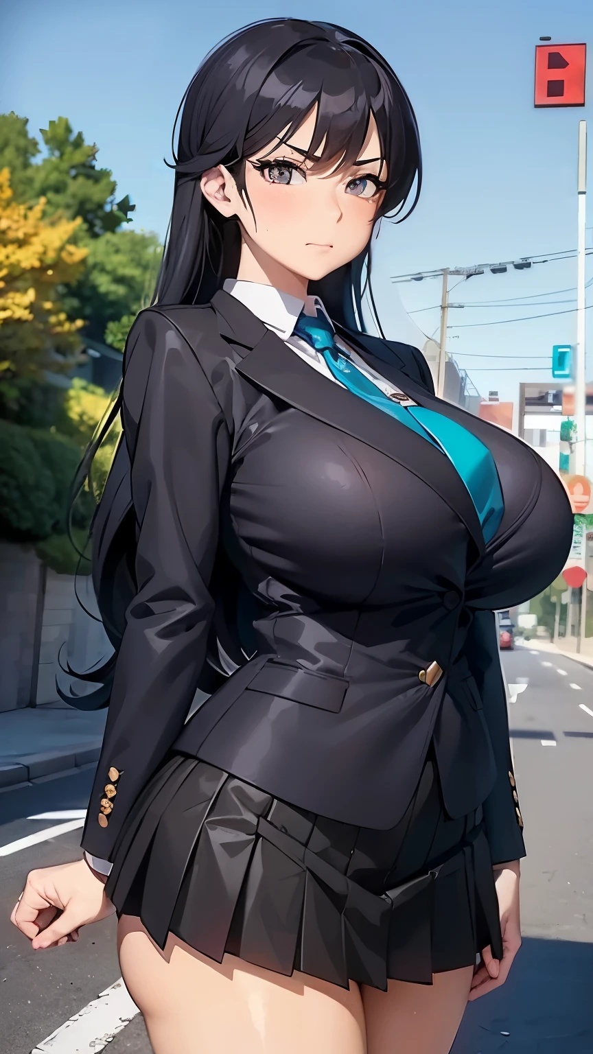 ((masutepiece)),((Best Quality)),Ultra-detailed,illustratio,explicit,NSFW,Beautiful body,Beautiful nose,Beautiful character design,Perfect eyes,Perfect face,Wallpaper,超A high resolution,4K,Photography,(Beautiful, Large :1.2),(Beautiful face:1.2),(Beautiful legs, Perfect legs),(meitantei conan \(Style\), detecive conan \(Style\), meitantei conan),Shiny skin,anime screen cap,official style,Sunland,(Black hair, Long hair, Wavy Hair),1girl in,Solo,neck tie,Skirt,Blue eyes,Jacket,Looking at Viewer,Outdoors,,green necktie,Pleated skirt,White shirt,blush,Street,Black jacket,Collared shirt,Shirt,Blazer,mountain road,Long sleeves,Black skirt,Miniskirt,Bangs,lamp post,Standing,wing collar,Closed mouth,building,day,Upper body,swim wears,A sexy,toess,Beautiful breasts,Thi, gigantic breasts, curvy bo,:-)