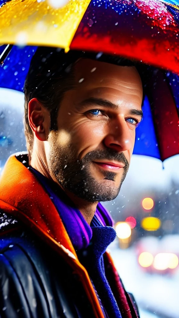 a couple walking home under an umbrella in the snow, detailed facial features, realistic skin, beautiful detailed eyes, beautiful detailed lips, extremely detailed eyes and face, long eyelashes, senior couple, holding umbrella, winter, snowy landscape, warm lighting, vibrant colors, (best quality,4k,8k,highres,masterpiece:1.2),ultra-detailed,(realistic,photorealistic,photo-realistic:1.37),HDR,UHD,studio lighting,ultra-fine painting,sharp focus,physically-based rendering,extreme detail description,professional,vivid colors,bokeh,cinematic