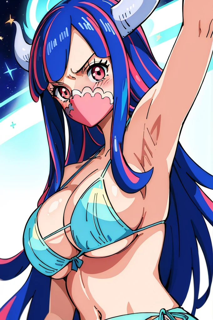 (masterpiece, Highest quality:1.4), Cinematic Light, colorful, High Contrast, (One girl), Alti OP, One Piece Anime, ((Large Breasts)), Multicolored Hair, Long Hair, Blue Hair, Pink Hair, bangs, horn, blush, Underarm, night, Blue Bikini