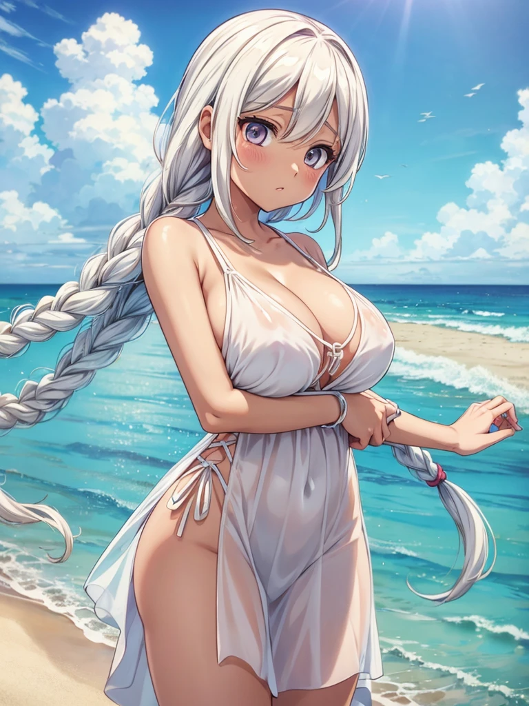 (Anime-style illustrations), Beach, A young woman with tanned skin and short, light white hair,Braiding, Braid, Looking pensively at the sea,See-through dress