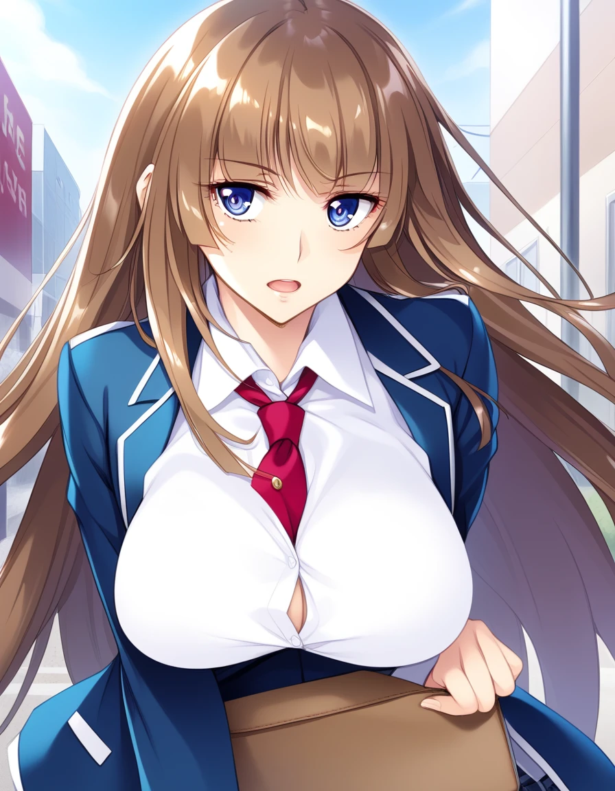 score_9, score_8_up, score_7_up, score_6_up, source_anime, game cg, beautiful detailed eyes, aoi_nagisa_\(metalder\), BREAK solo, 1girl, koukawa asuka, brown hair, long hair, blue eyes, bangs, side bangs, (huge breasts:0.8), medium body, BREAK school_uniform, blue jacket, (white collared blouse breasts:1.1), tight clothes, red long necktie, BREAK expressionless, open mouth, model pose, outside, street, upper body,