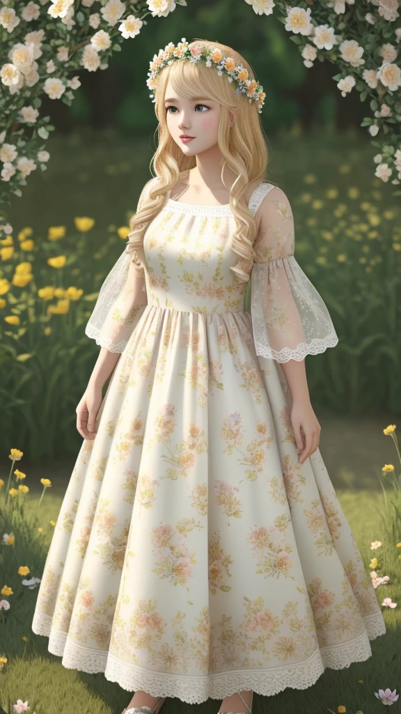 Blonde teenage girl wearing a beautiful flower crown, dressed in a flower patterned dress that is unimaginably beautiful.,hyper realistic,3D,18k,full body, masterpiece , ultra fine details.