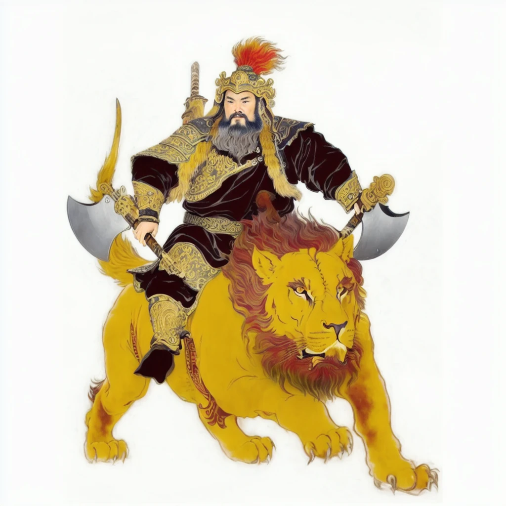 a wild beard ancient chinese warrior with armour holding axes, riding on a lion looked monster, black robe,Gourd on the back,tusk on the lion