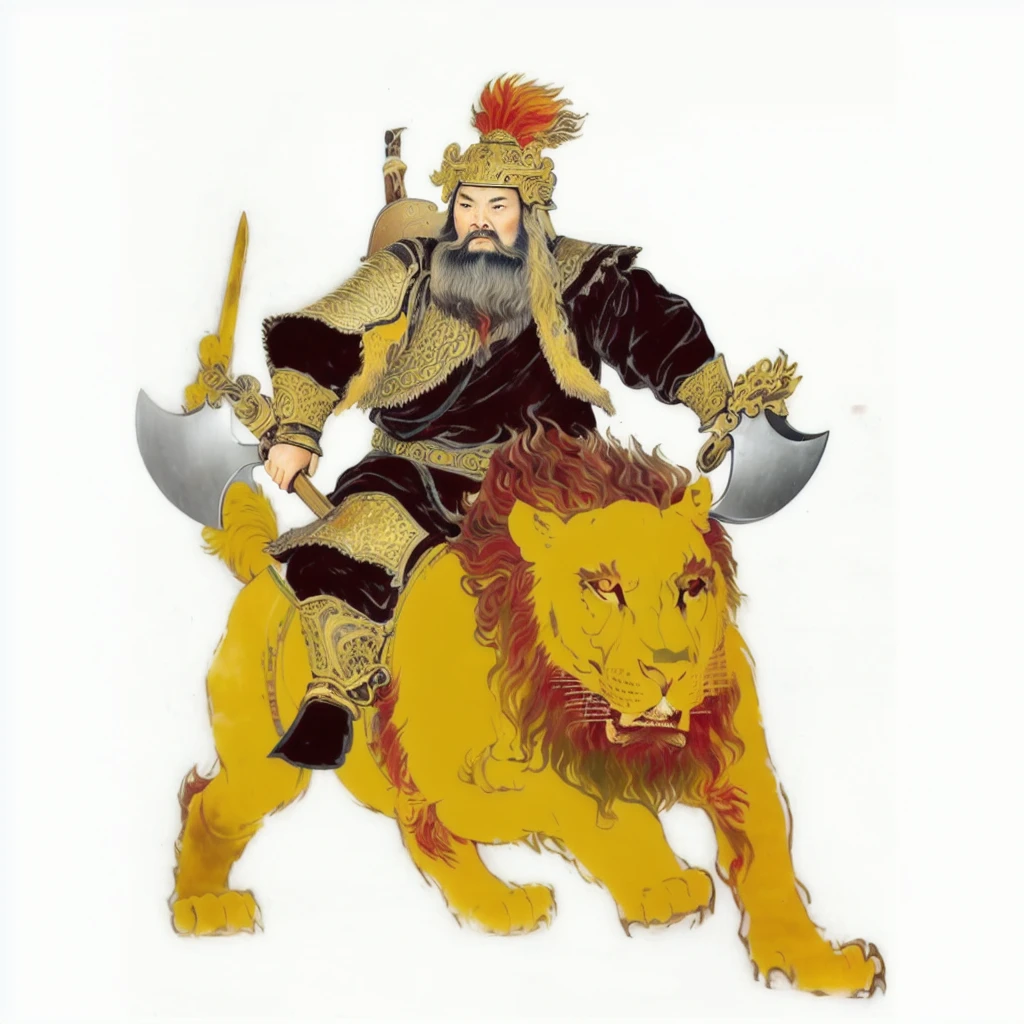 a wild beard ancient chinese warrior with armour holding axes, riding on a lion looked monster, black robe,Gourd on the back，tusk on the lion
