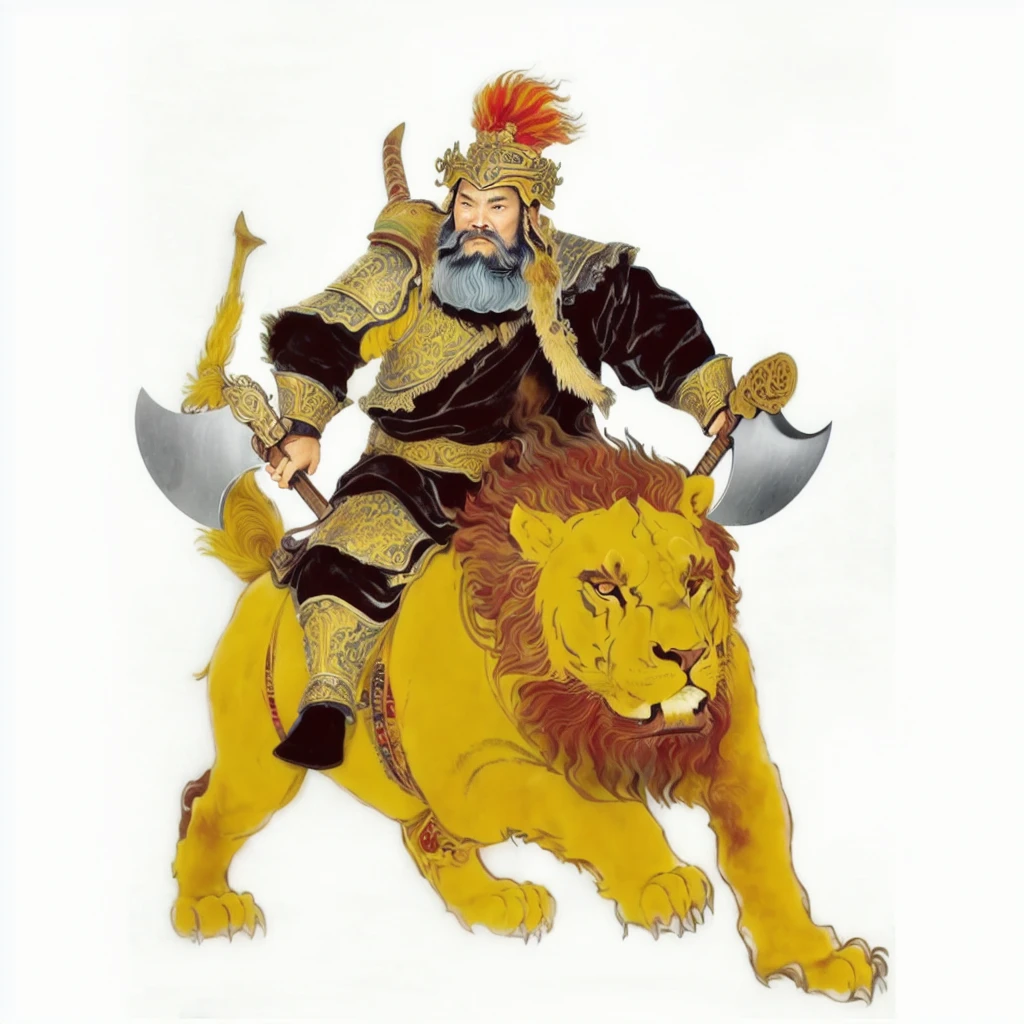 a wild beard ancient chinese warrior with armour holding axes, riding on a lion looked monster, black robe,Gourd on the back，tusk on the lion
