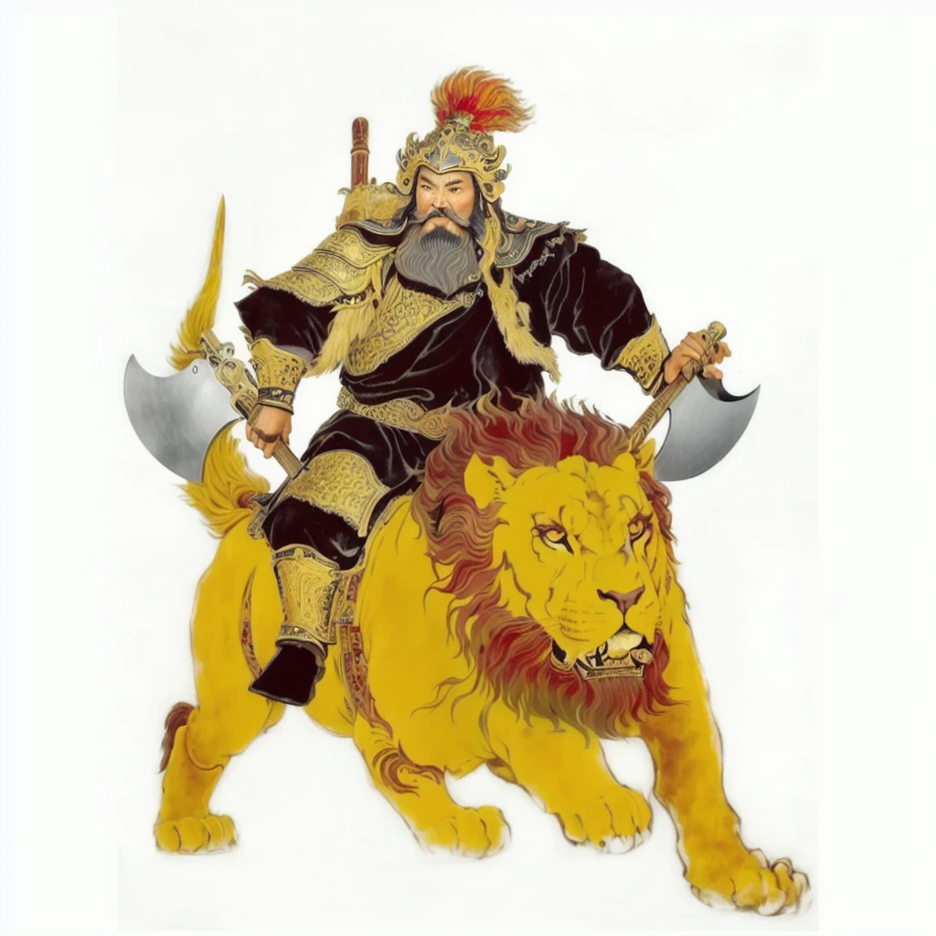 a wild beard ancient chinese warrior with armour holding axes, riding on a lion looked monster, black robe,Gourd on the back,tusk on the lion