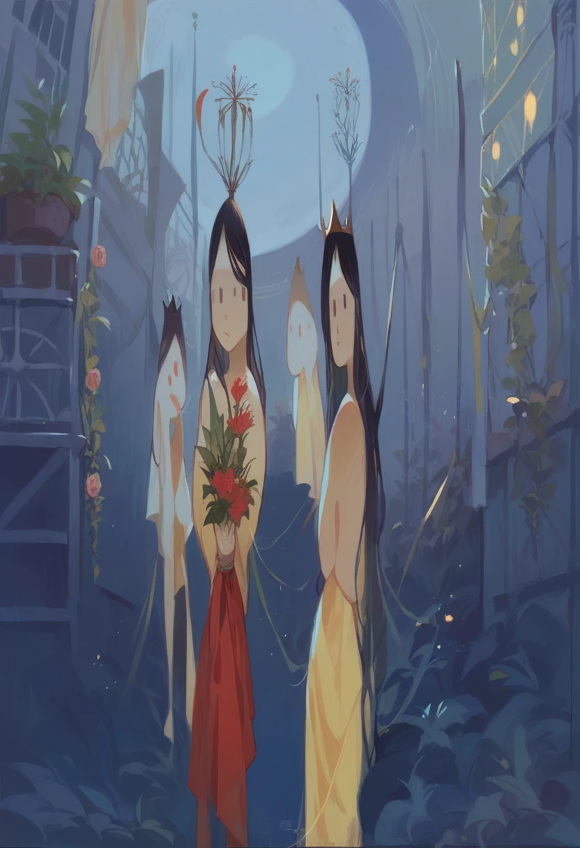 best quality, high_resolution, distinct_image, detailed background ,girl, hanbok,flower,garden,moon, night,dutch angle, wide shot, crown,