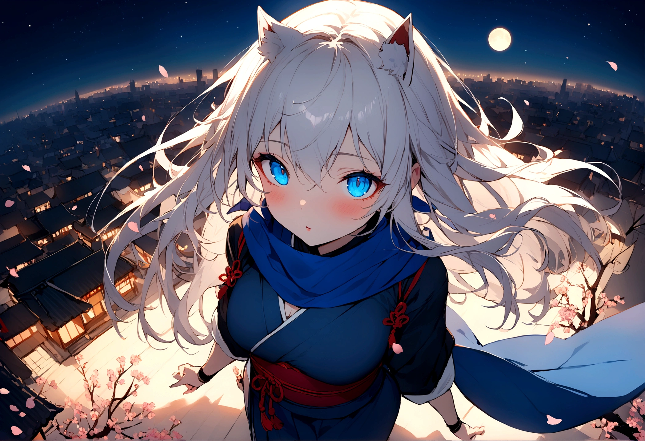 (masterpiece, best quality:1.2), 1girl, 独奏,Wolf girl, fox mask, ninja, girl, long white hair, odd eyes, blue kimono, ninja girl, red and blue scarf,Dancing Cherry Blossoms,Full moon backlighting, light coming in, fantastic atmosphere.night、Shadows of light and darkness、Eyes glowing in the dark、Black fox mask、Fisheye Lens、Expansive starry sky、long hair that spreads、Looking up from afar、Overlooking the city from atop a large cherry tree、