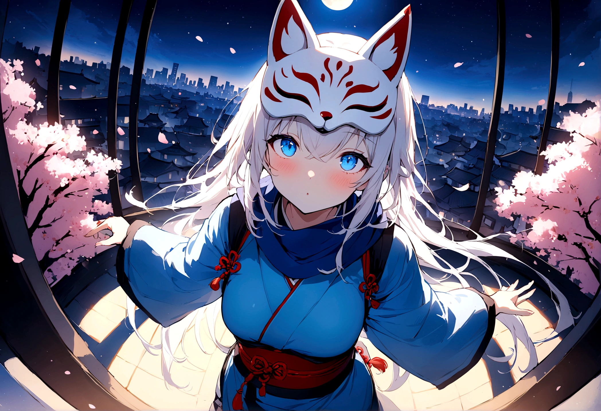 (masterpiece, best quality:1.2), 1girl, 独奏,Wolf girl, fox mask, ninja, girl, long white hair, odd eyes, blue kimono, ninja girl, red and blue scarf,Dancing Cherry Blossoms,Full moon backlighting, light coming in, fantastic atmosphere.night、Shadows of light and darkness、Eyes glowing in the dark、Black fox mask、Fisheye Lens、Expansive starry sky、long hair that spreads、Looking up from afar、Overlooking the city from atop a large cherry tree、
