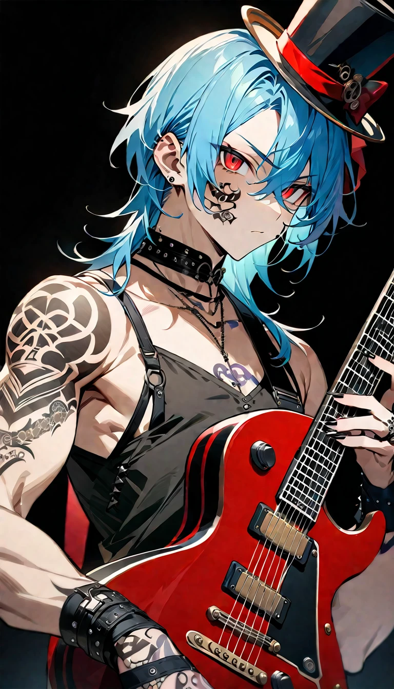 (((masterpiece,Highest quality))),((A male anime character with long blue hair, red eyes, tattoos and visible biceps wearing visual kei clothing, holding a guitar)),((Steampunk-style electric guitar)),((Steampunk-style electric guitarを持って立っている)),(((Small top hat,Tattoo on the right side of the face))),(((Black Background))),Focus on the whole body,(high quality),アニメ