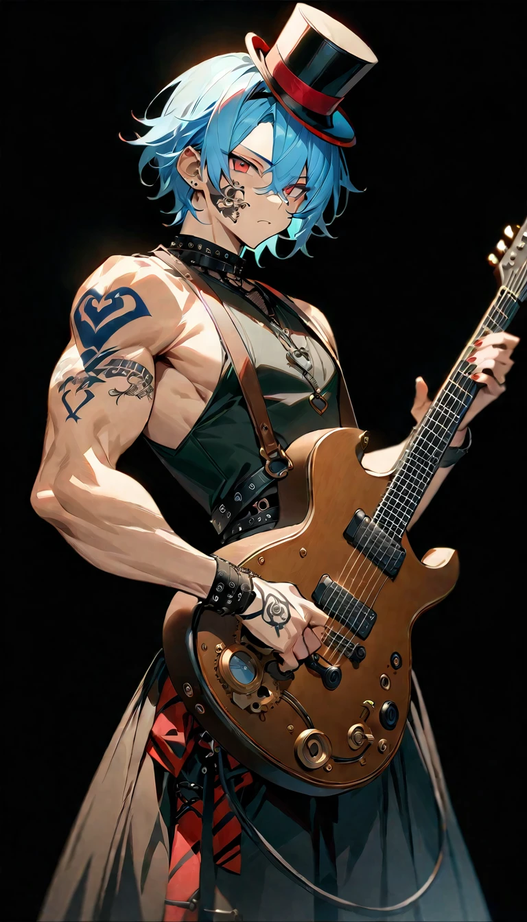 (((masterpiece,Highest quality))),((A male anime character with long blue hair, red eyes, tattoos and visible biceps wearing visual kei clothing, holding a guitar)),((Steampunk-style electric guitar)),((Steampunk-style electric guitarを持って立っている)),(((Small top hat,Tattoo on the right side of the face))),(((Black Background))),Focus on the whole body,(high quality),アニメ