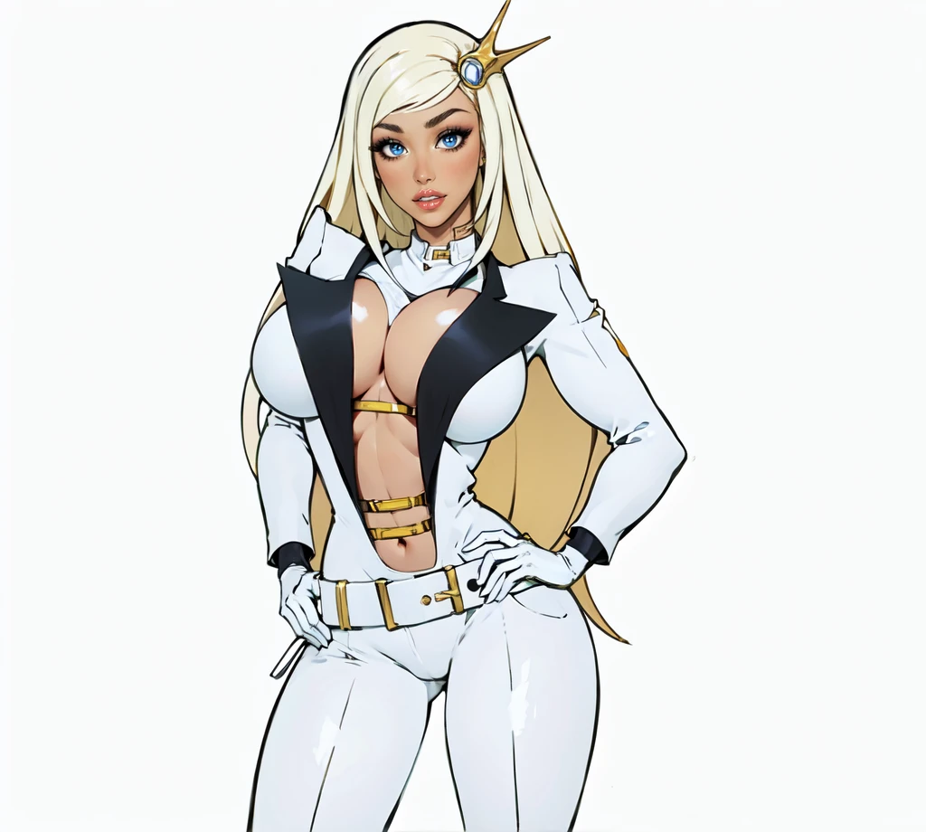 latin women, long white blond hair. gold hairclip,b lue eyes,white latex blazer Suit, big black statin reevers, Big breast, white latex trousers, white belt.white latex long boots,standing