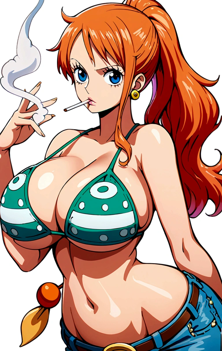 a cartoon picture of a woman in a bikini top and jeans, nami one piece, nami from one piece, nami, beautiful portrait of nami, from one piece, oppai, blue eyes, smoking, ponytail