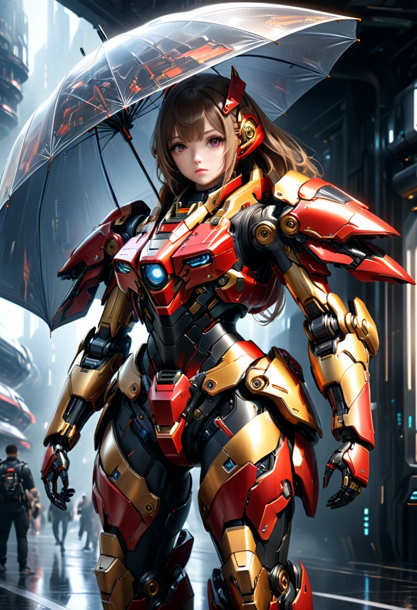 girl, beautiful, ((right hand holding sci-fi umbrella...)), umbrella, (white, gold, black and red sci-fi armor), mecha elements, (best quality,4k,8k,highres,masterpiece:1.2),ultra-detailed,(realistic,photorealistic,photo-realistic:1.37),cinematic lighting, dramatic atmosphere, highly detailed face and eyes, intricate mechanical details, futuristic, sci-fi, concept art, full body: 0.7