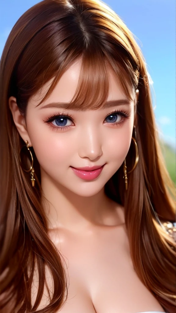 Beauty, Mystical Eyes、Big 、Super sexy、Pale skin、Shiny Hair、Super long hair、Loose and fluffy perm、Close to blonde、Are fat、fat、smile、Heavy makeup、Pink lipstick、Thick lipoisturized lips、Plump、Voluptuous、Indian、spring、Blue sky、White cloud、looking at the camera、Has bangs、Bangs fall on the forehead、Heavy makeup、Heavy makeup、The face is dark、Exotic Face