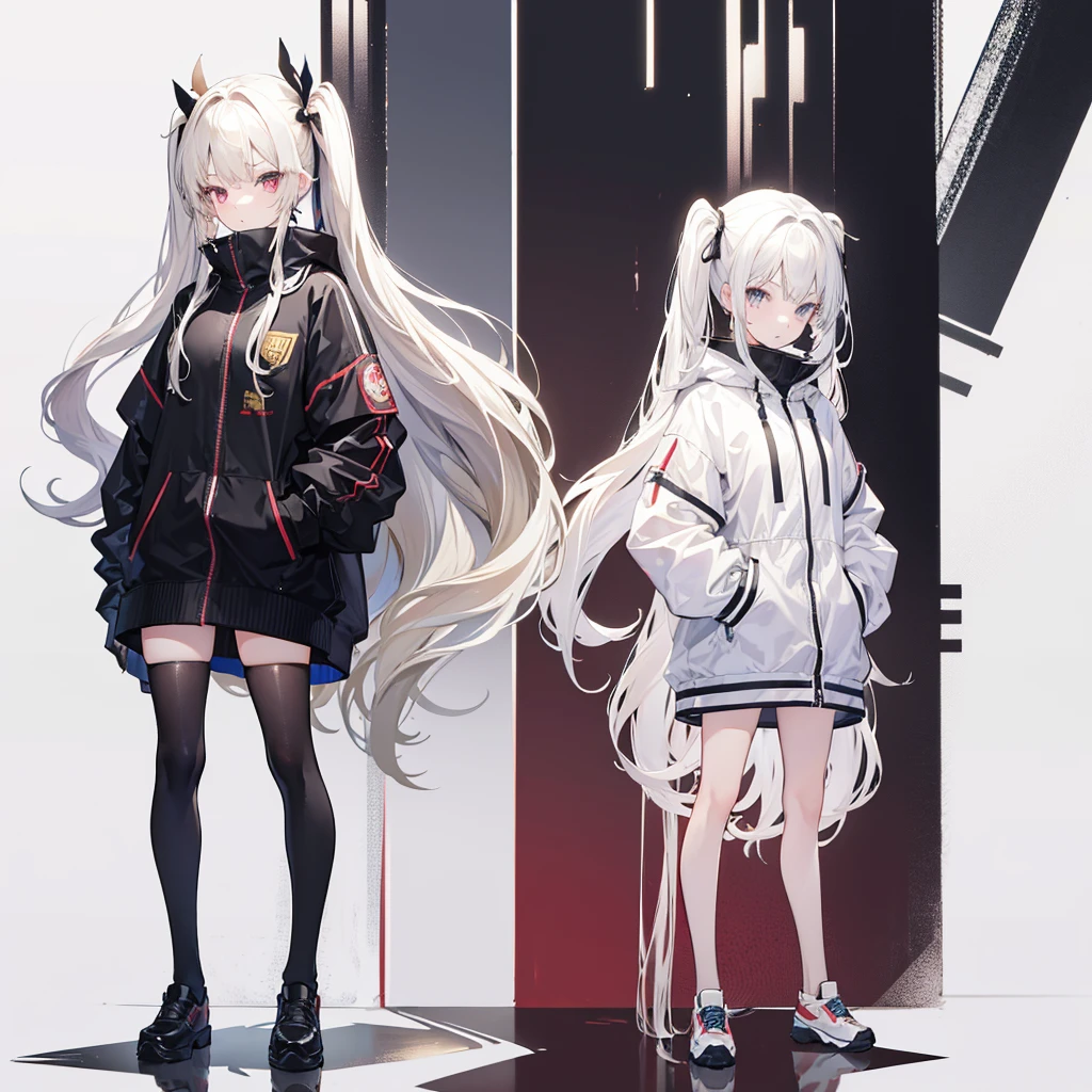 Two girls, the first one has red eyes and beige hair, the second one has blue eyes and white hair, twin tails, long hair, ribbon in hair, monochrome outfit with large hoodie, shorts, sneakers, white background, stars