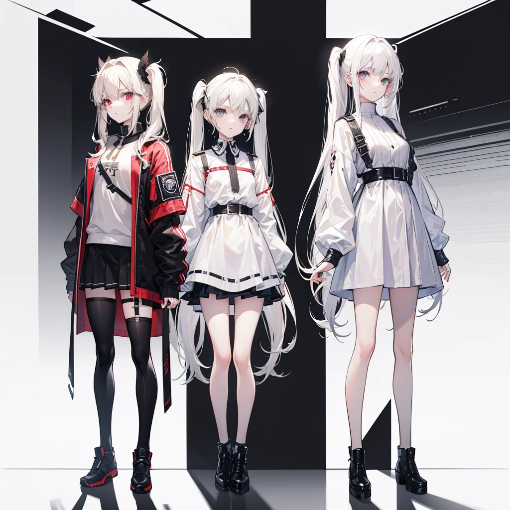 Full body, standing back to back, two girls around 20 years old, beige hair, white hair, twin tails, long hair, white background