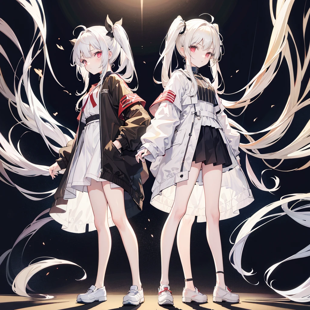 Full body, standing back to back, two girls around 20 years old, beige hair, white hair, twin tails, long hair, white background