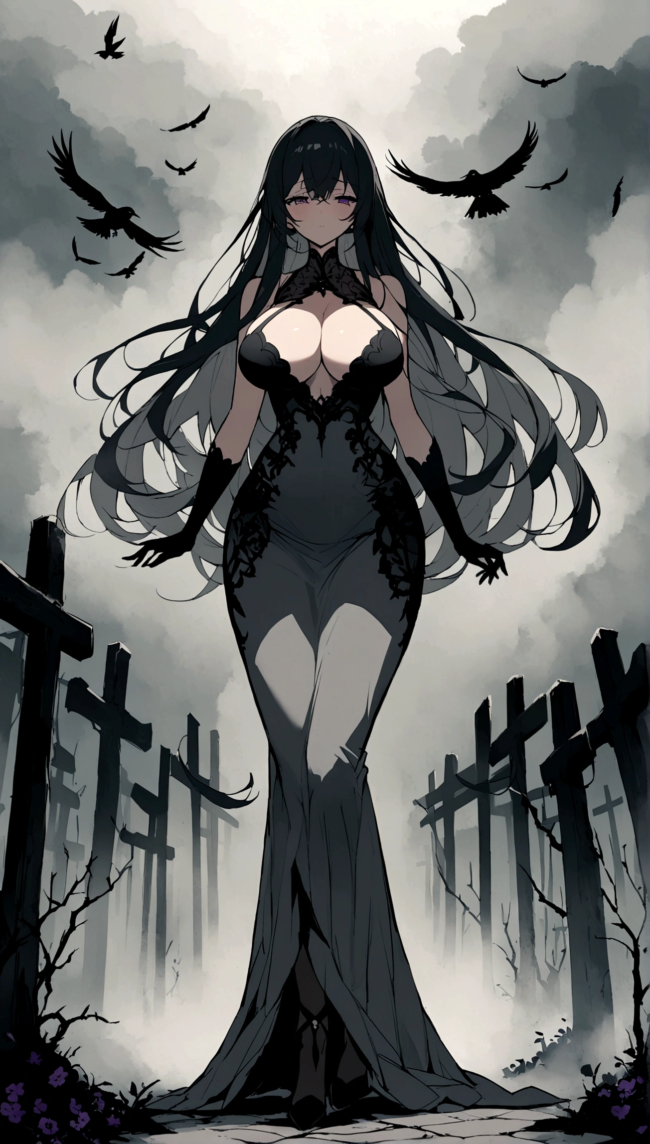 A beautiful anime-style girl with long hair and a purple flower、Face of Sadness、Sad beautiful girl、A beautiful girl with a well-balanced and glamorous body、Big Breasts、A beautiful immoral girl in a provocative black and grey dress、Full Body Shot、Crow、Undead、fog、mystery、graveyard of darkness。