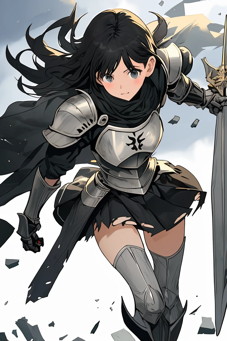 female knight Black Hair armor Torn white skirt No underwear battlefield Falling