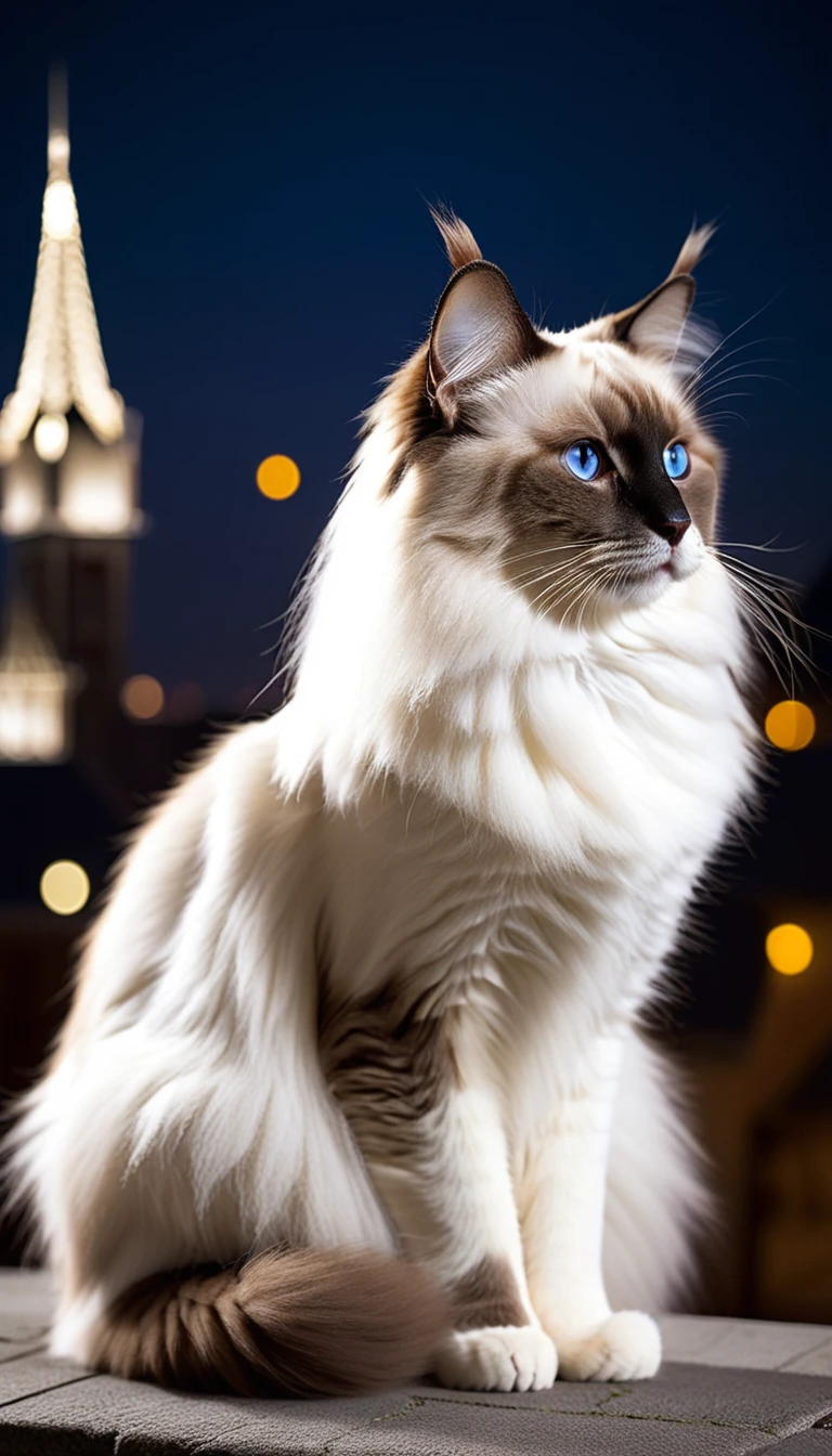 There is no one, realistic photo, photo realism, realism, ragdoll (Ragdoll) cat, perfect composition, intricate details, Very sharp, masterpiece, profile, high resolution, full body photo in city night view