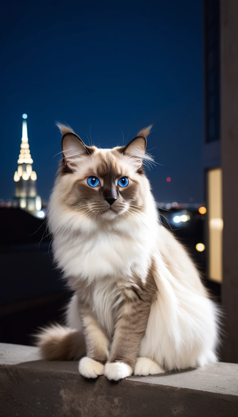 There is no one, realistic photo, photo realism, realism, ragdoll (Ragdoll) cat, perfect composition, intricate details, Very sharp, masterpiece, profile, high resolution, full body photo in city night view