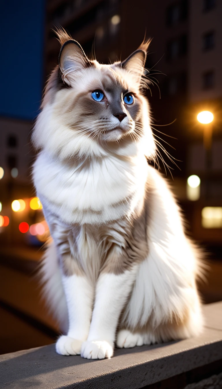 There is no one, realistic photo, photo realism, realism, ragdoll (Ragdoll) cat, perfect composition, intricate details, Very sharp, masterpiece, profile, high resolution, full body photo in city night view