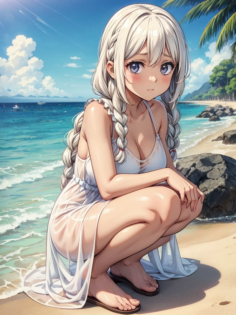 (Anime-style illustrations), Beach, A young woman with tanned skin and short, light white hair,Braiding, Braid,  Looking pensively at the sea,See-through dress, Squat, (Shaved:1.5)