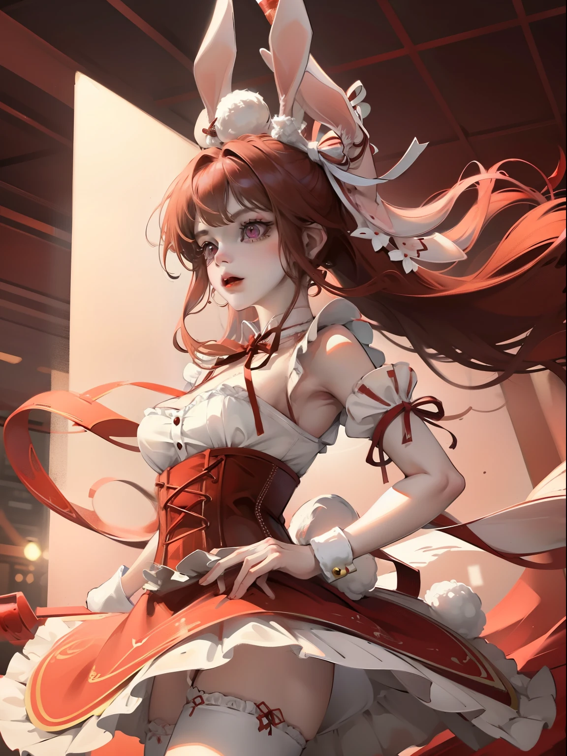 Outrageous, best quality, 1 Girl, Solitary, Red hair, Purple Eyes, Long hair, Large target, Ah Rabbit, Bunny ears, Red corset, Xuelan, apron, red neck ribbon, Red Skirt, Hairpin, Short sleeve, Wrist sleeves, White thighs, Jingle Bells