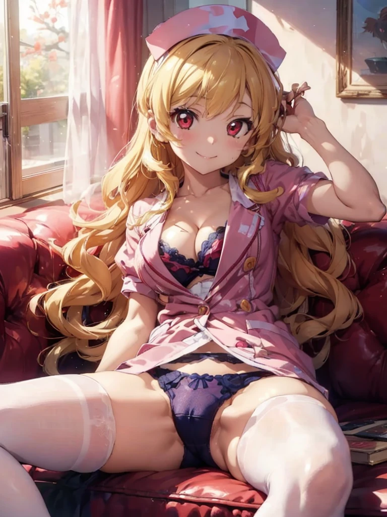 a cartoon of the sexy anime cartoon character is laying down on a couch, 1girl, breasts, solo, nurse, underwear, hoshimiya ichigo, nurse cap, panties, thighhighs, red eyes, white thighhighs, hat, white panties, Blonde hair, spread legs, large breasts, smile, blush, sitting, looking at viewer, partially visible vulva, thighs, cleavage